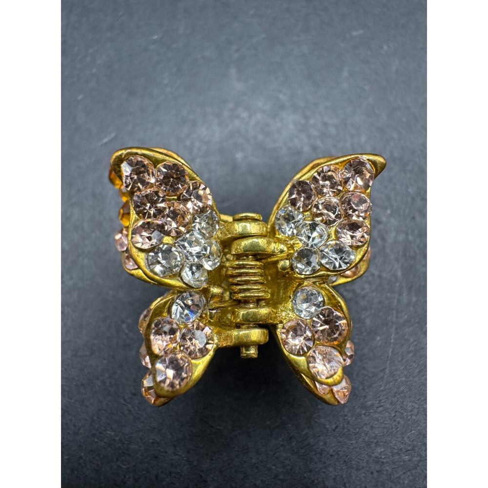 Vintage QS Signed Butterfly Hair Claws Metal Gold Tone Clear Rhinestones